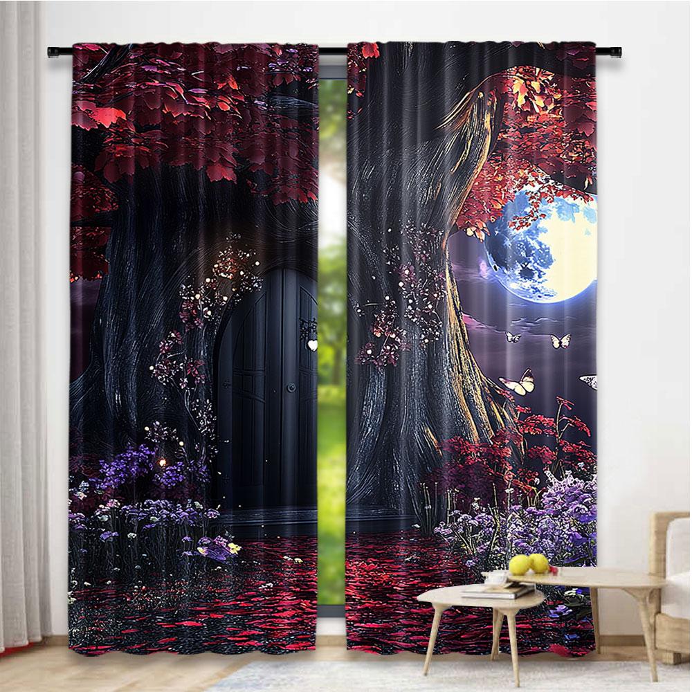 2Pcs Forest Curtain Dark Gothic Themed Scene With Magic Tree And Secret Cave Moon Suitable For Living Room And Bedroom