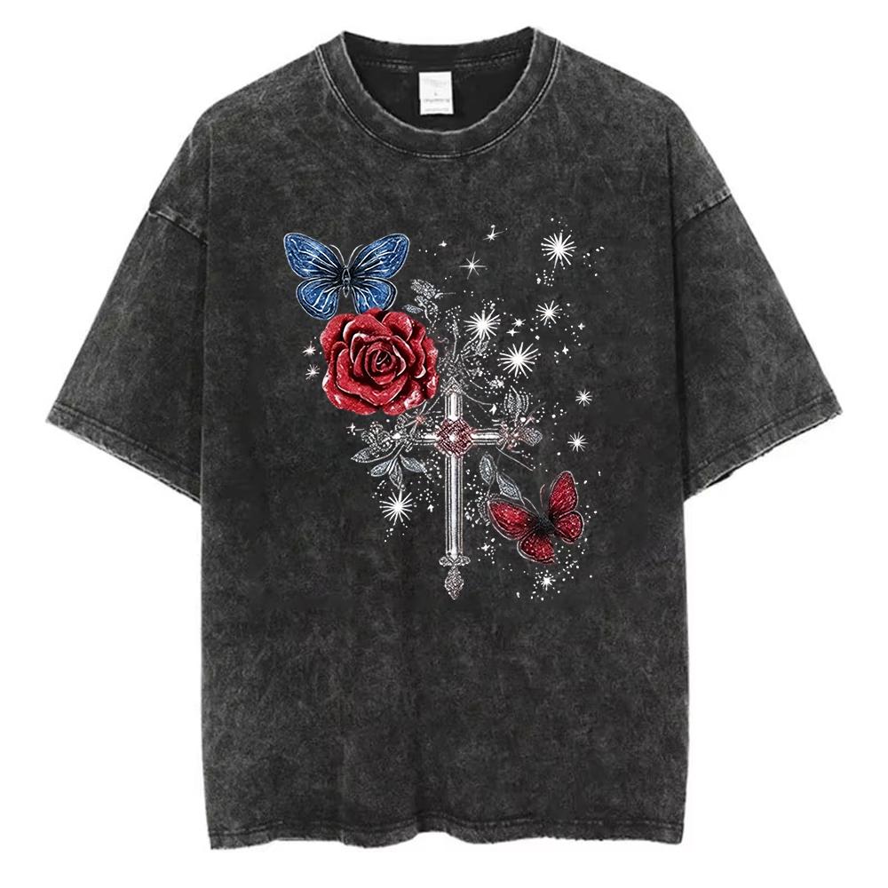 

Gothic Rose Cross Butterfly T Shirt Loose Fit Cotton Vintage Short Sleeve Tops Stylish Casual Floral Aesthetic Tee for Women Unisex 2XL