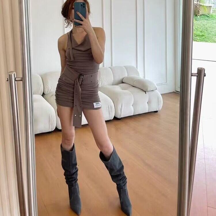 Women's Boots 2026 Retro Spicy Cowboy Boots Thin Heel Pointed Stacked Boots Wide Tube Long Tube Boots
