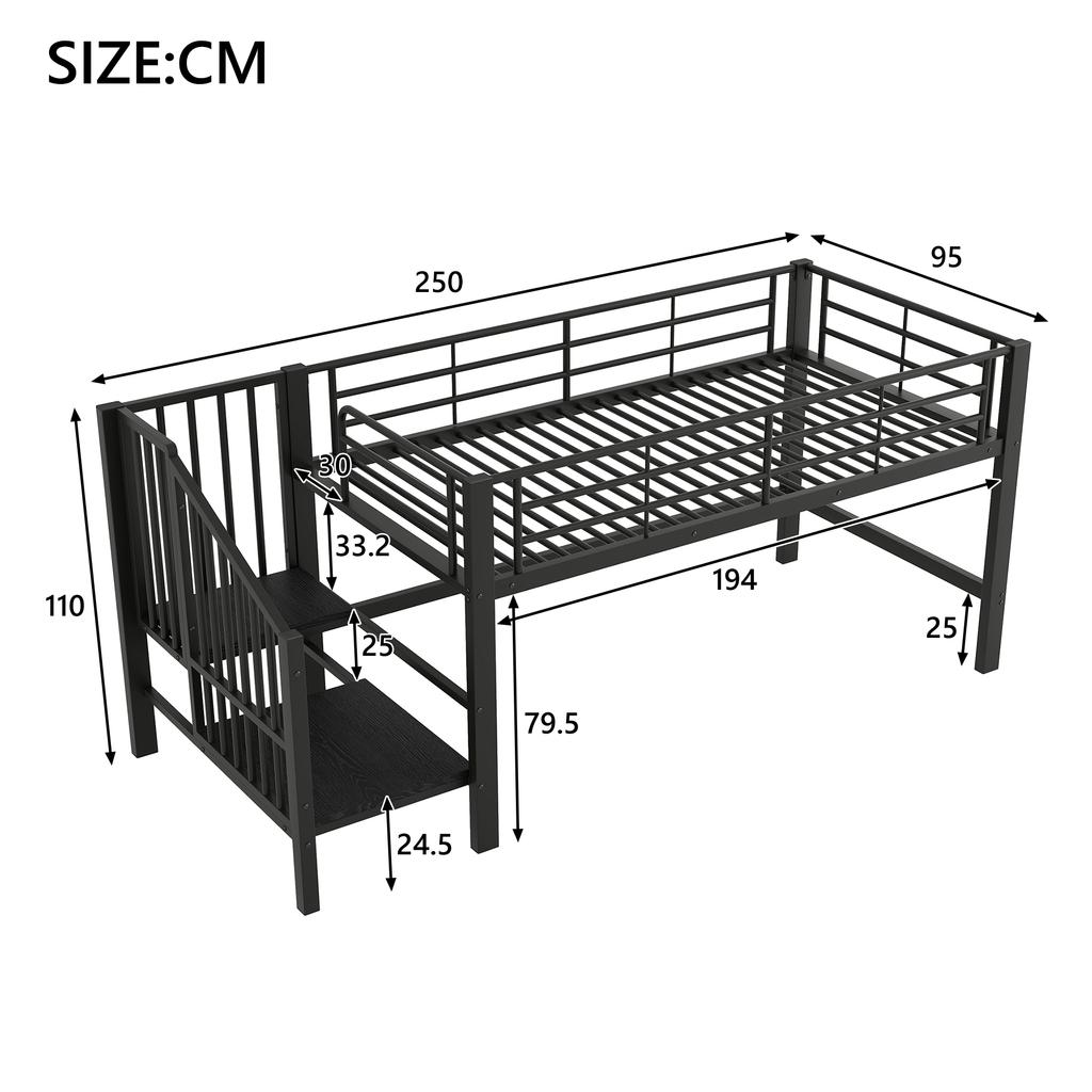 90 x 200 Halbhochbett mit Stauraumtreppe, Schwarz