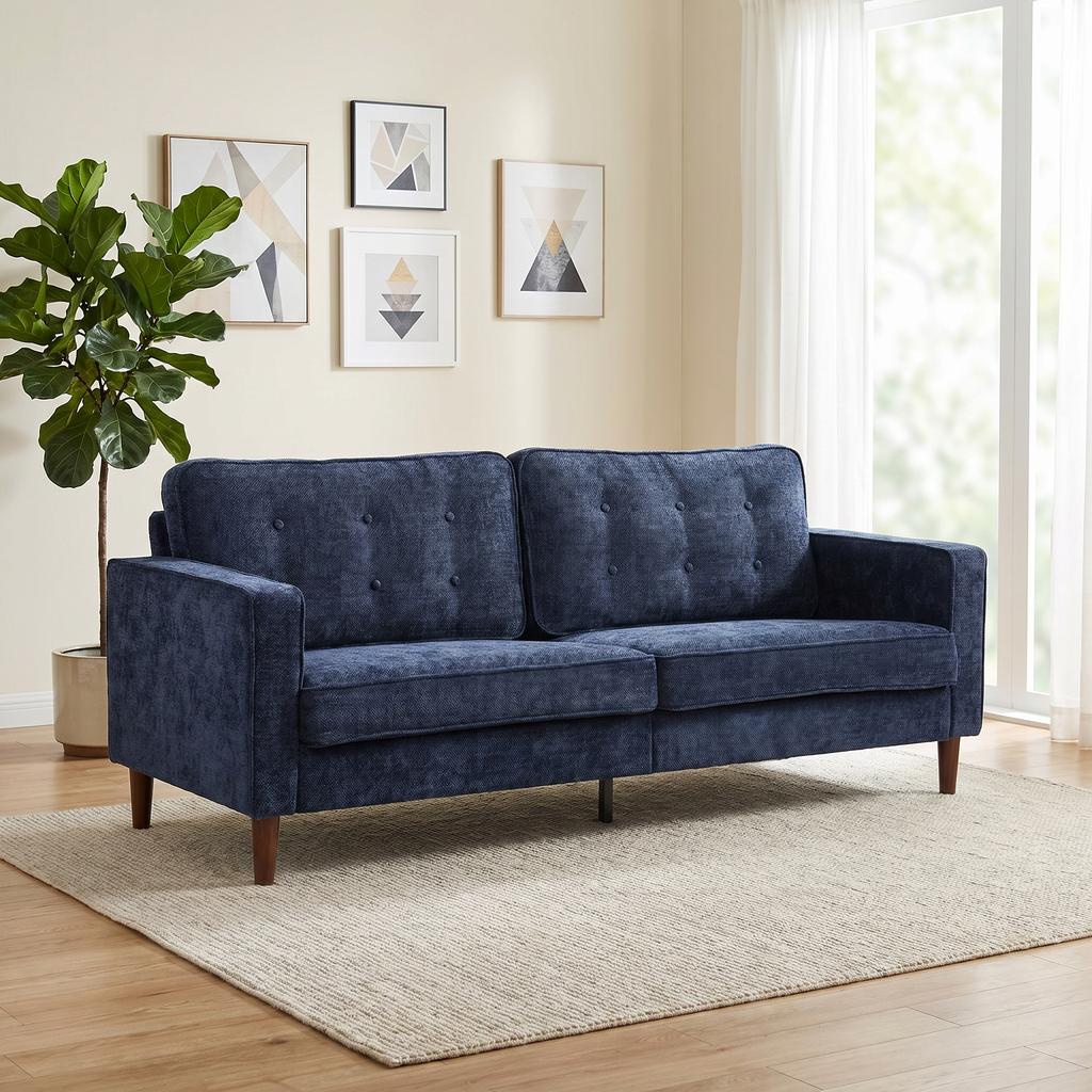 3 Seater Sofa Button Tufted Upholstered Velvet Couch with Wood Legs for Living Room, Dark Blue