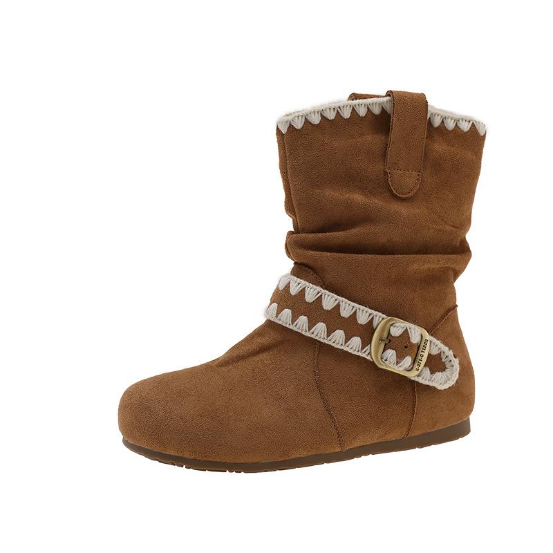 

Versatile round head flat bottom pile western cowboy boots autumn new retro fringed short boots women 40 верблюд