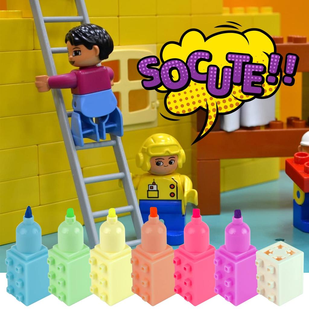 Block Highlighter Marker Pens Fun Stationery Set Buildable C-JETANK - - 6-Color (Blue/Purple/Pink/Orange/Yellow/Green) Block-Style Highlighters!