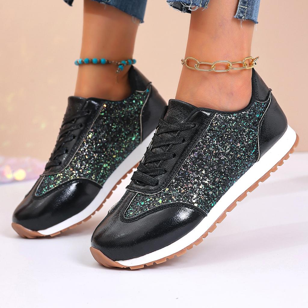 Fashion Fashion Ladies Autumn Women Flat Glitter Sneakers Casual Bling Vulcanized Shoes Female Lace Up Platform Comfort Plus Size