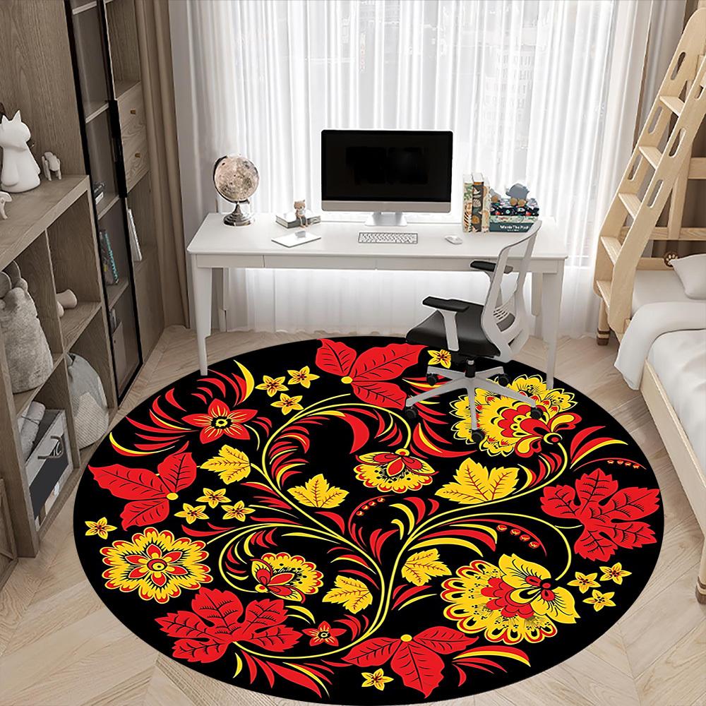 1pc Red Yellow Floral Pattern Carpet, Round Non Slip Durable Large Size Office Carpet, Suitable for Office