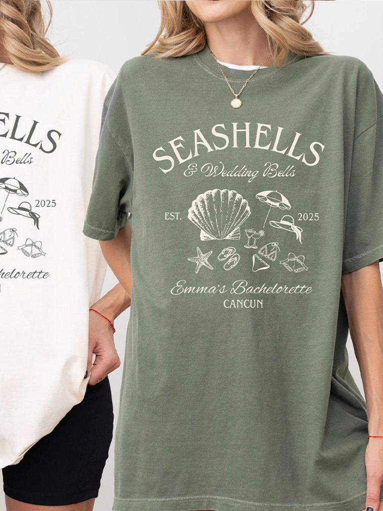 Beach Seashells and Wedding Bells Shirts Bachelorette Unisex Shirts Funny Comfort Shirts Cotton Y2K Top Daily Trendy Streetwear