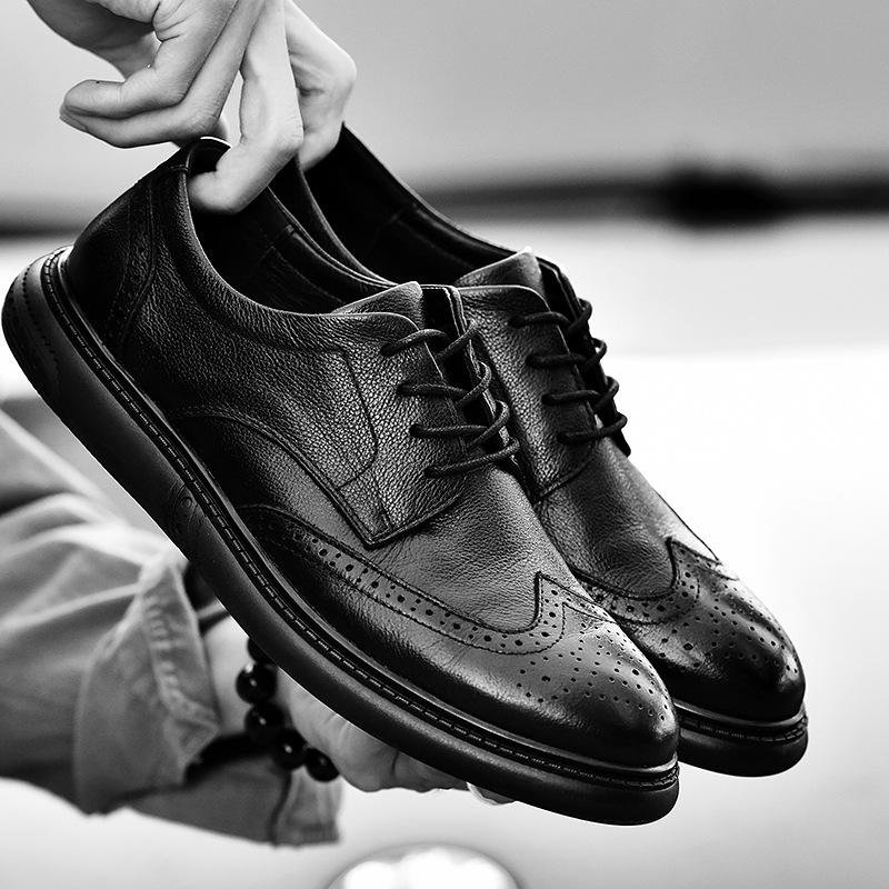 

First layer cowhide shoes men s genuine leather business retro Brock British wedding soft leather soft sole dress Derby men s shoes 46 чорний