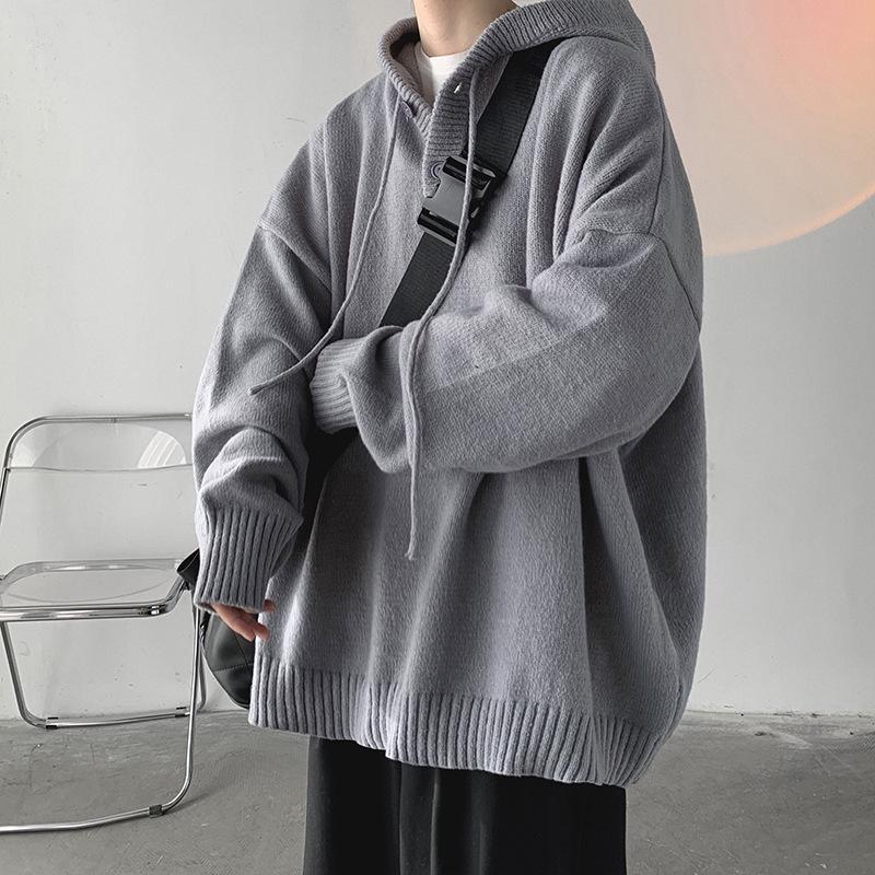 Men's Retro Wool Hooded High-Neck Sweater - Autumn/Winter Loose Fit Knitted Cardigan