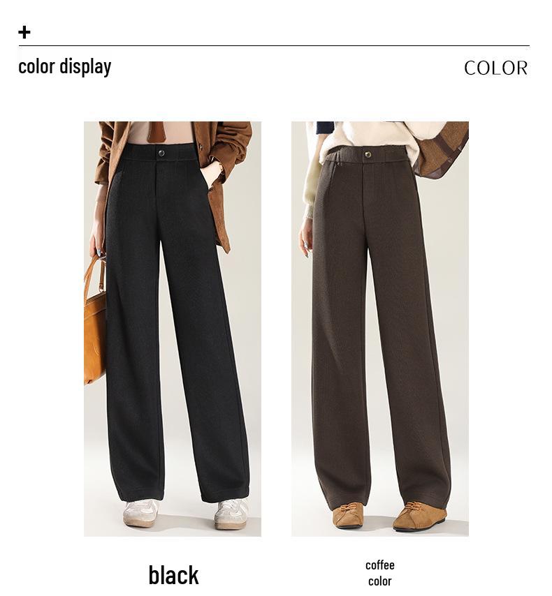 Dámské kávově hnědé pruhované tvídové kalhoty s vysokým pasem, fleecovou podšívkou a rovnými nohavicemi pro volný čas