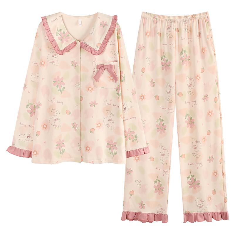 Women's Pure Cotton Pajama Set - Cute Princess Style, Long Sleeve Cardigan, Plus Size, Spring/Fall/Winter Home Wear