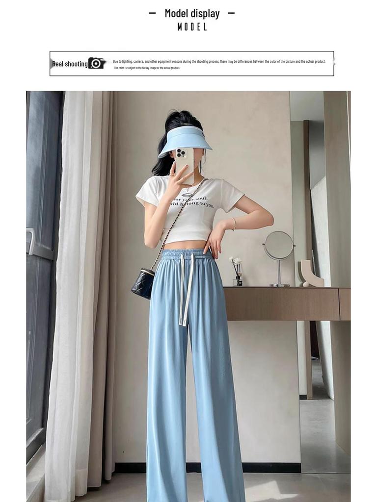 Women's Summer High Waist Ice Silk Wide-Leg Pants - 2025 New, Lightweight, Floor-Length, Loose, Slimming, Casual Straight Leg Design.