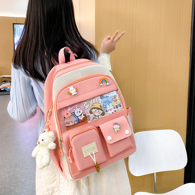 Five-Piece Backpack Set Women's Color Block Backpack Student Schoolbag Large Capacity Backpack