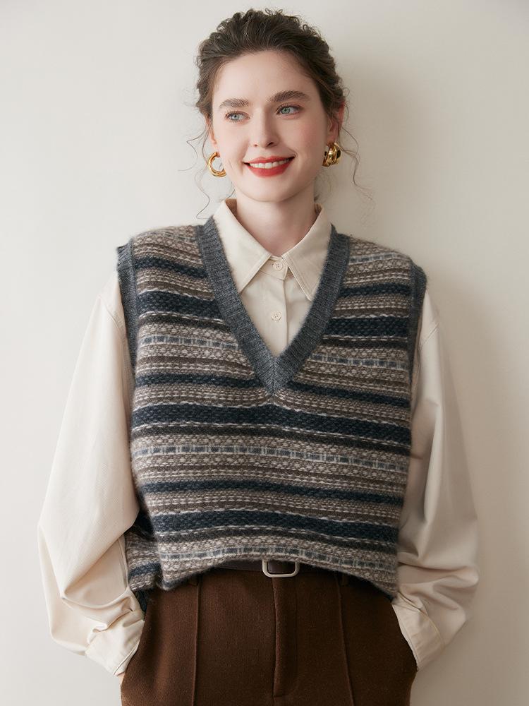 Women's Retro Color Block Cashmere Vest - 2025 Spring/Autumn V-Neck Sleeveless Knit Pullover