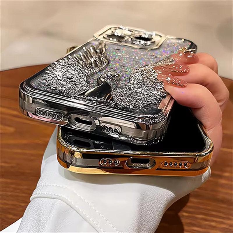 Husă de Telefon de Lux cu Placare, Sclipici Bling, Nisip Mișcător, Lebedă Desen Animat pentru iPhone 15 11 12 13 14 16 Pro Max Plus, Husă cu Protecție pentru Cameră