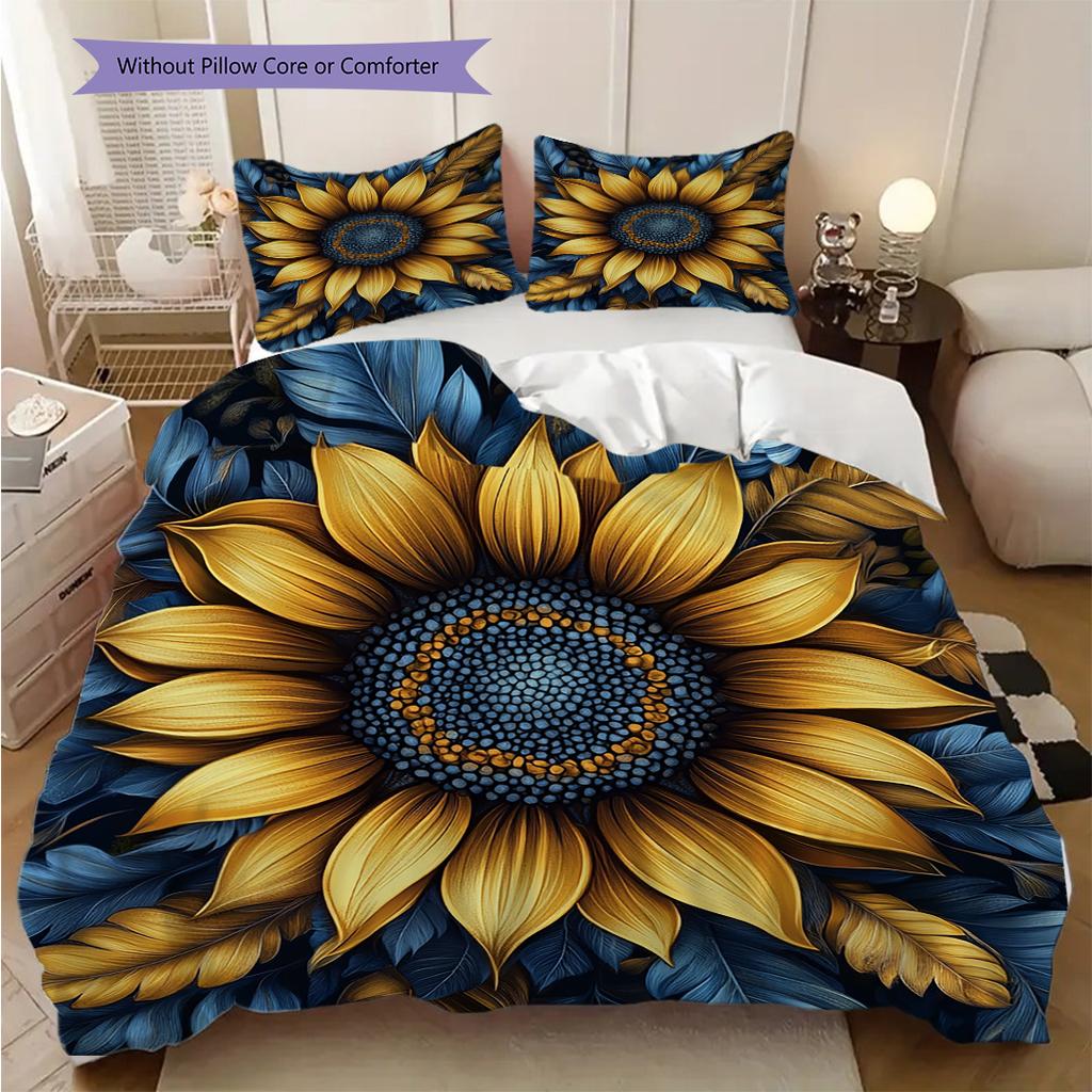 Sunflower Pattern Bedding Quilt Set Quilt Cover Pillowcase Home Decoration Birthday Gift (1 * Duvet Cover + 2 * Pillowcase, Without Core)