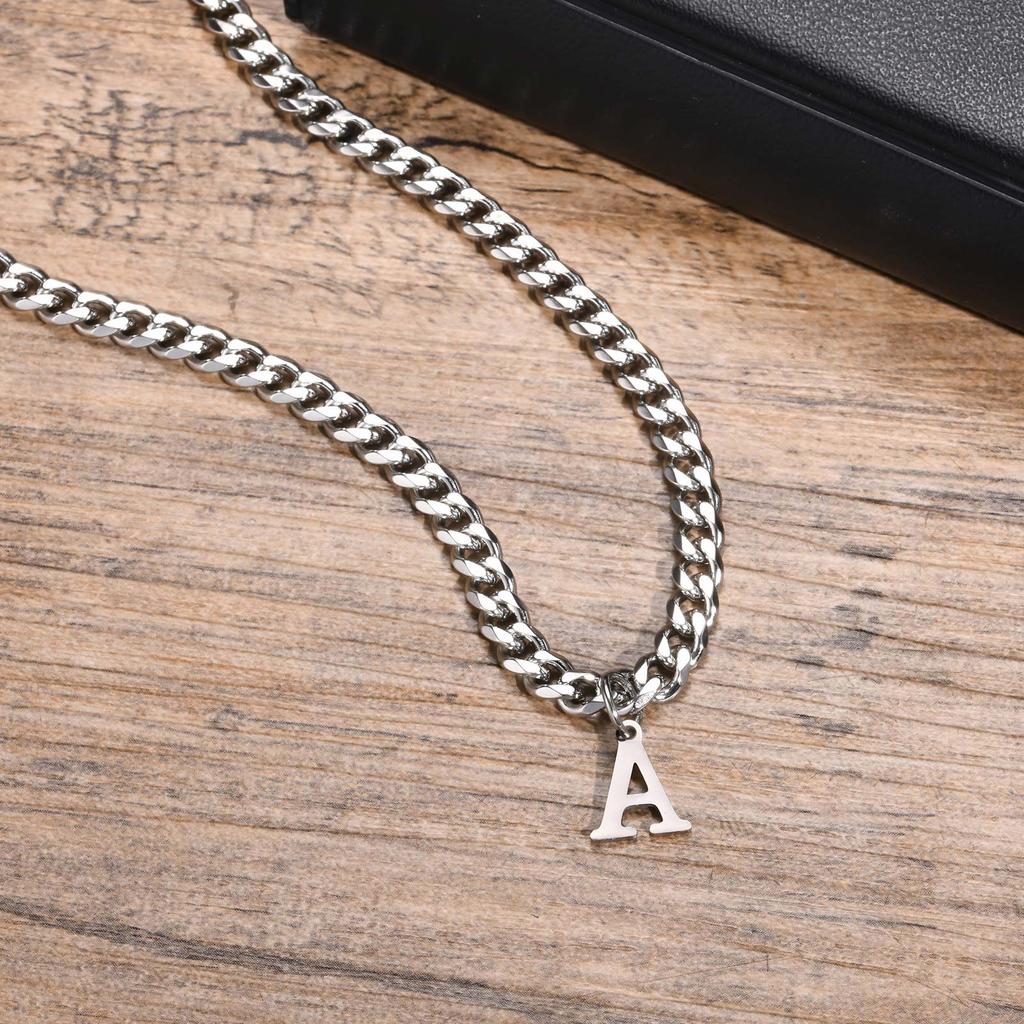 5mm New Stainless Steel Six-edged Grinding Chain Letter A-Z Necklace,Silver Color Fashion English Alphabe Necklace for Men