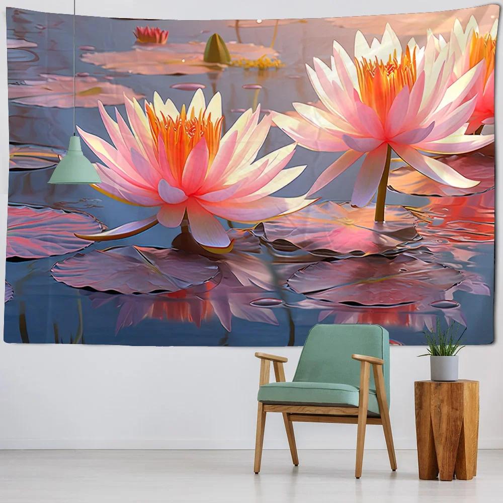Beautiful Lotus tapestry landscape wall hanging cloth dreamy hippie home wall decoration poster office and living room tapestry