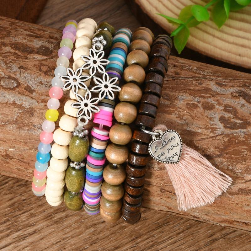 6-Piece New Wooden Bead Beaded Soft Pottery Flower Men's and Women's Bracelets Are Suitable for Daily Wear by Men and Women