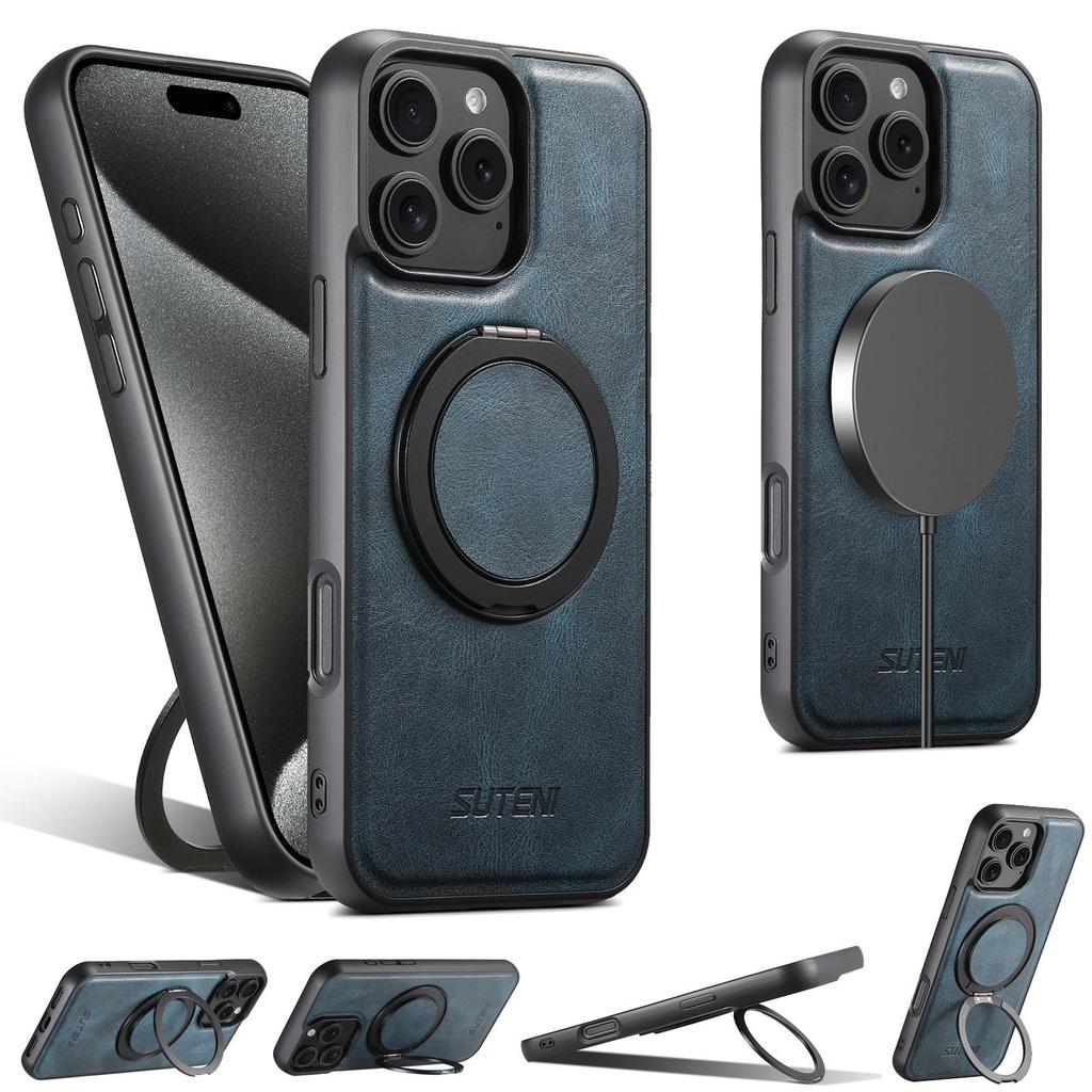 iPhone17/Samsung S25 Lederhülle mit magnetischem 360° drehbarem Ständer und kabelloser Ladekompatibilität