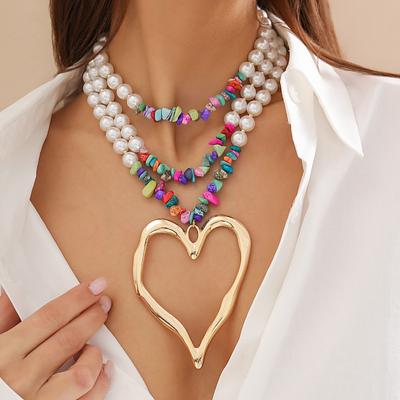 Exaggerated Pearl Bead Chain Necklace for Women Hollow Heart Gothic  New Trendy Choker Neck Jewelry Steampunk Men