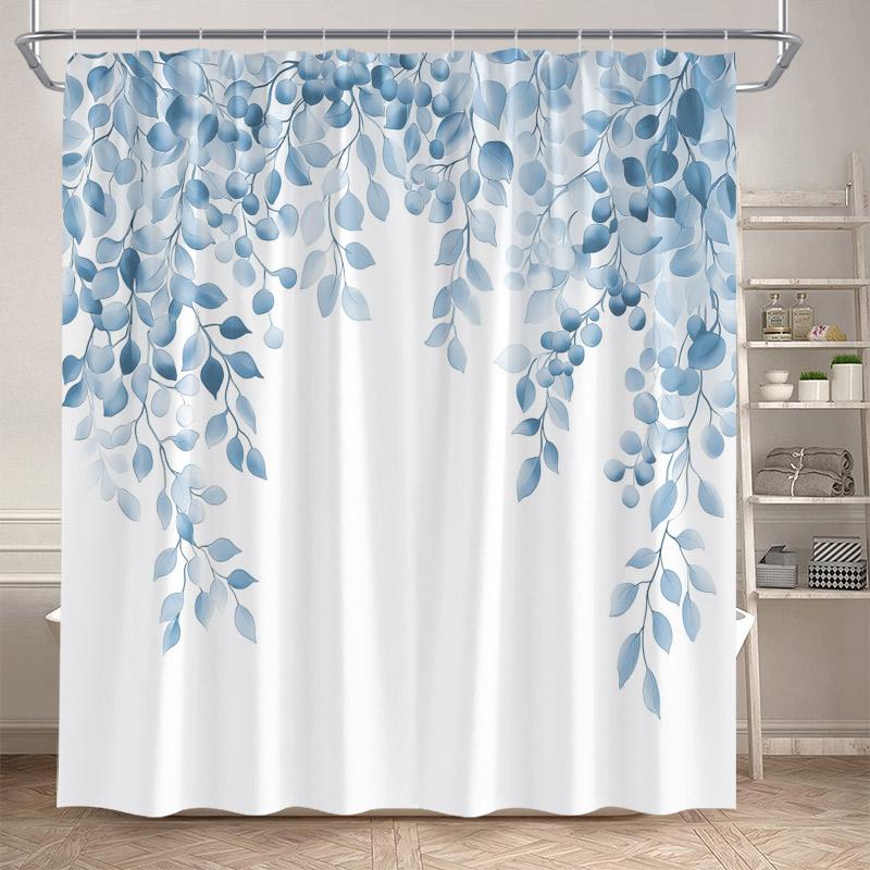 Blue Floral Leaves Shower Curtains Watercolour Eucalyptus Leaf Botanical Bath Curtain Polyester Home Bathroom Decor With Hooks