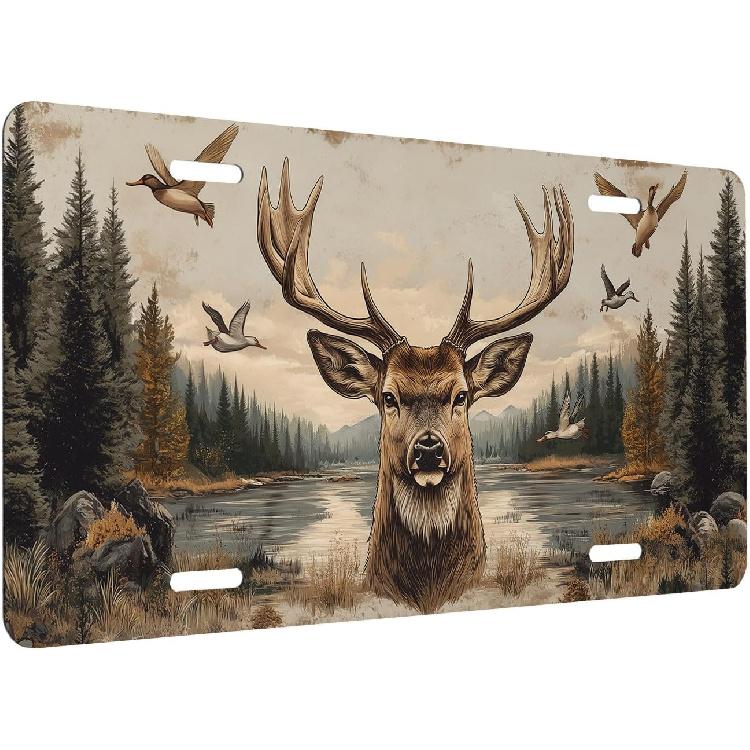 Deer Front License Plate for Women Buck Antlers Wilderness Lake Hunting Car Vanity Plates Decorative Aluminum Metal Cute Novelty License Plate 6x12