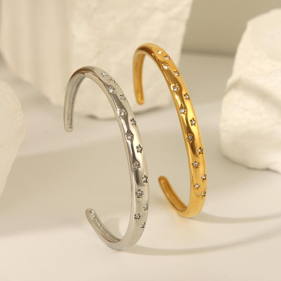 ZAKOL 18K Gold Plated Stainless Steel Open Bangle Bracelet With CZ Versatile High Quality Non Fading Cuff Bangles Zircon Gift