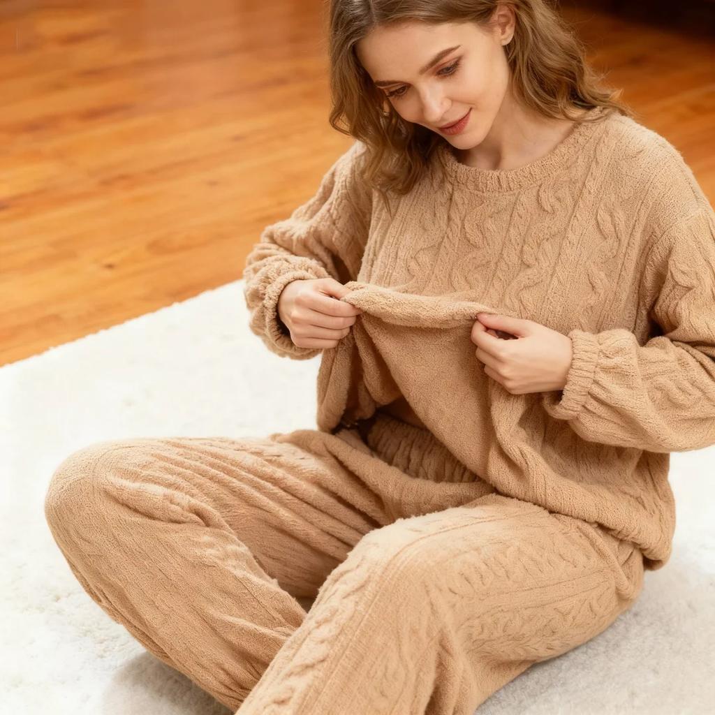Autumn Women Solid Warm 2 Piece Sets Thicken Velvet Ribbed Fleece Set Pullover and Pants Women Casual Pajama Sets