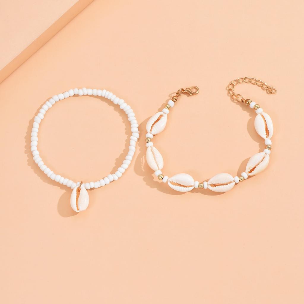 European and American beach style jewelry stacked rice bead shell necklace anklet retro personalized rice bead jewelry set