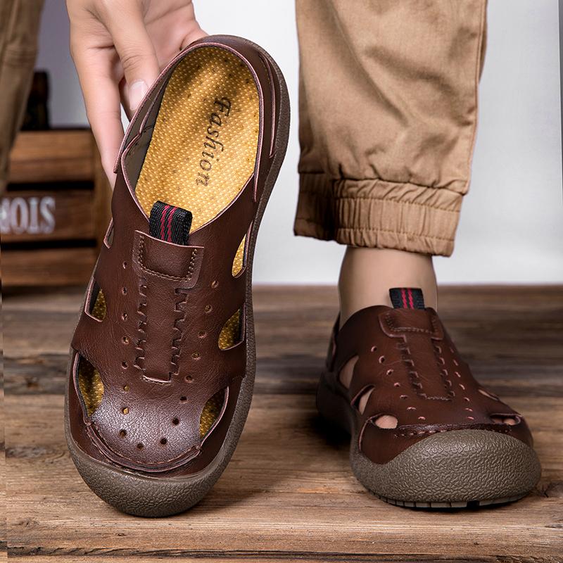 Fashion New Handmade Summer Sandals Size 47 Men Breathable Leather Shoes Man Outdoor Sandals Antiskid Beach Hollow Shoes Fashion