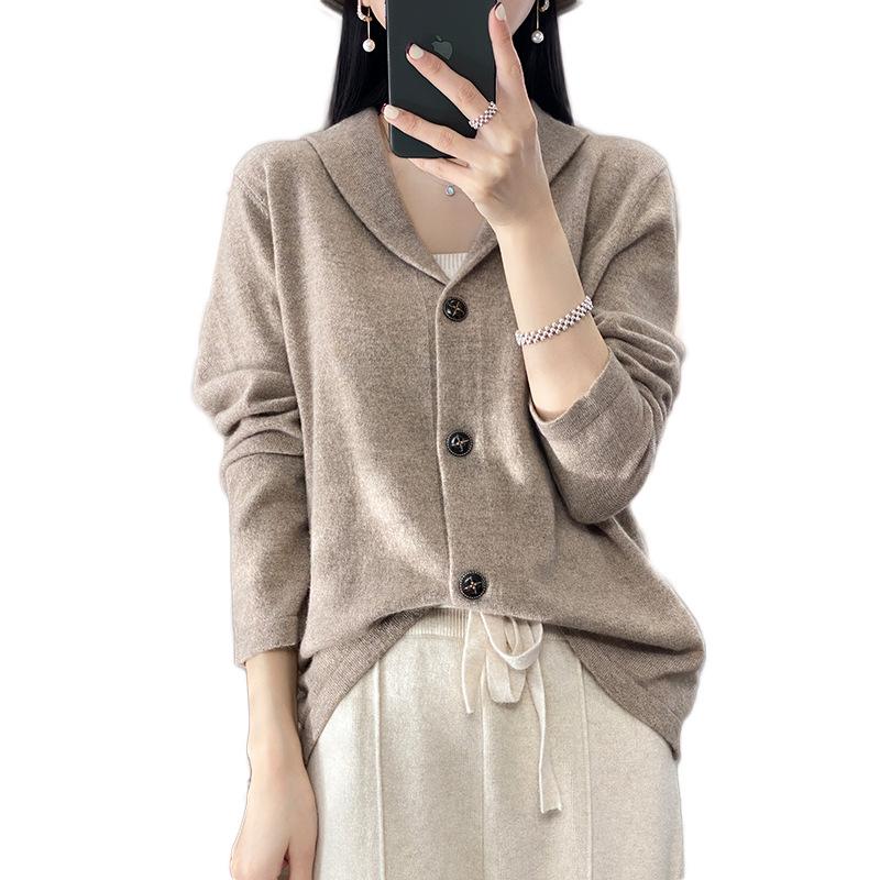 2023 Autumn/Winter Women's Round Neck Cashmere Cardigan - Stand Collar, Loose Fit, Solid Color, Trendy Knit Sweater