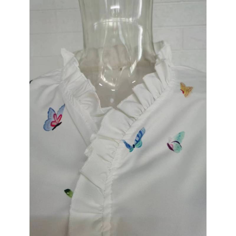 Plus Size Elegant Long Sleeve Ruffle Collar Printed Women's Shirt