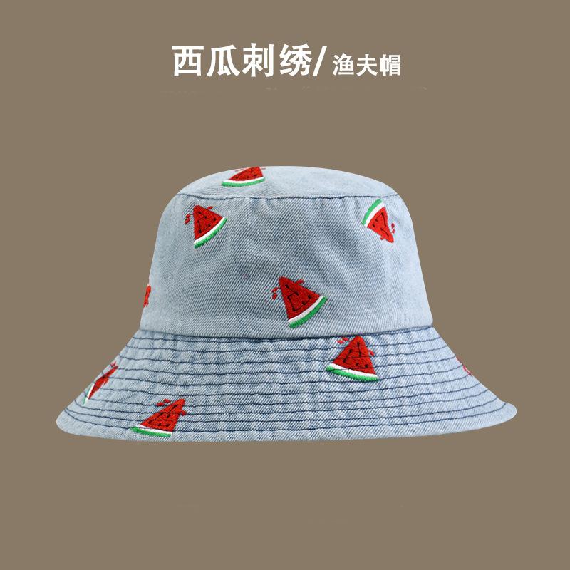 Hat Women's New Watermelon Embroidered Denim Bucket Hat Wide Brim Sunshade Fashionable Versatile Face Small Bucket Hat