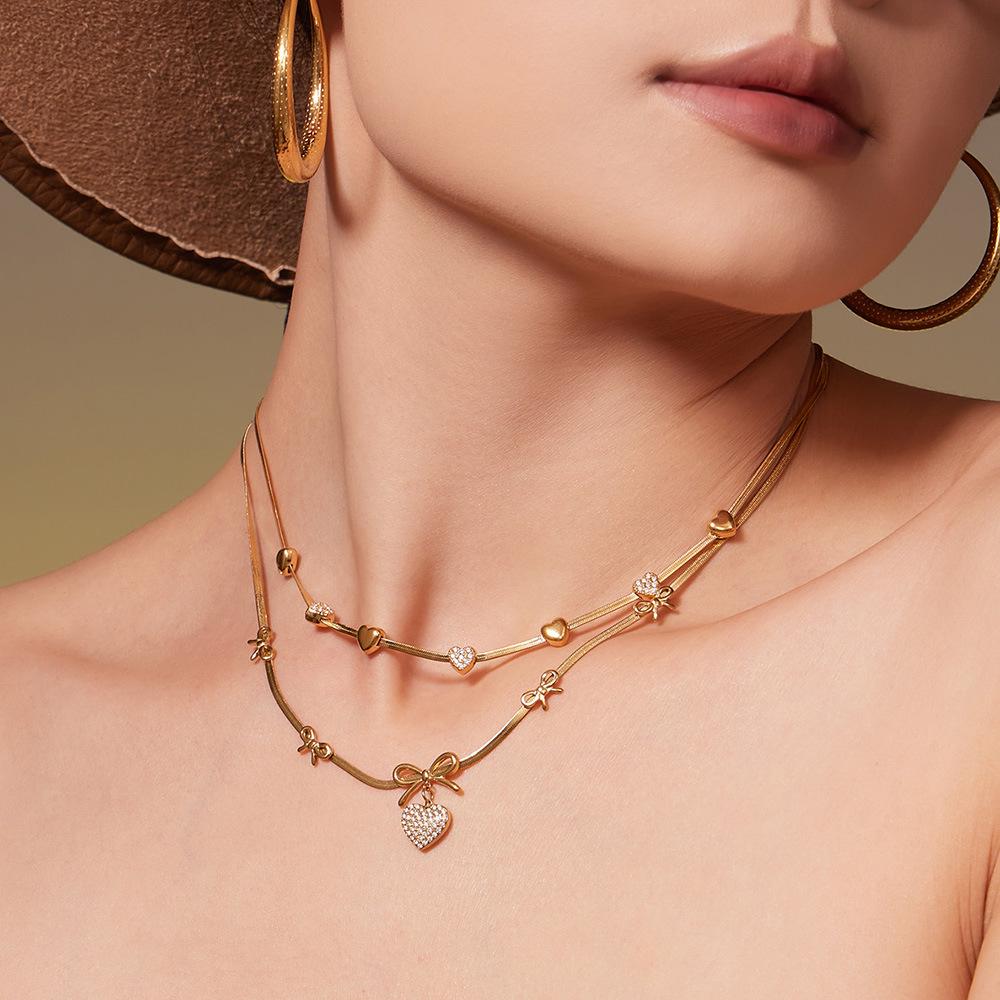 18K Gold-Plated Heart Zircon Bow Pendant Necklace & Bracelet Jewelry Set