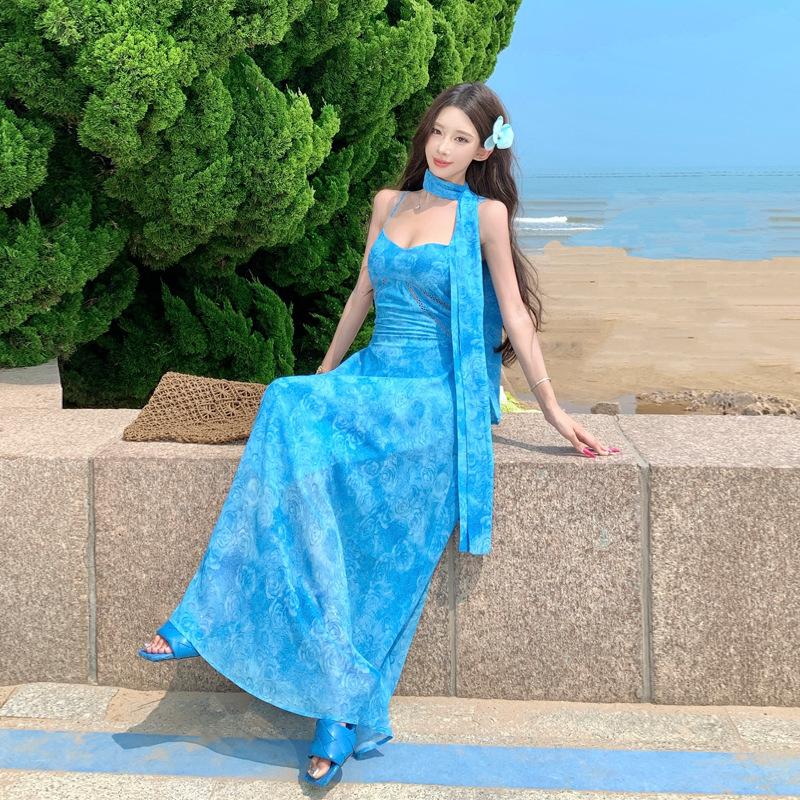 Holiday style blue suspender dress women's summer new waist and thin A-shaped dress