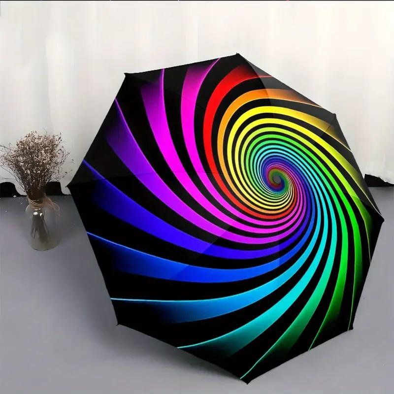 Automatic Folding Umbrella with Vibrant Rainbow Spiral Pattern, Portable and Compact Design for All Seasons - Perfect Outdoor