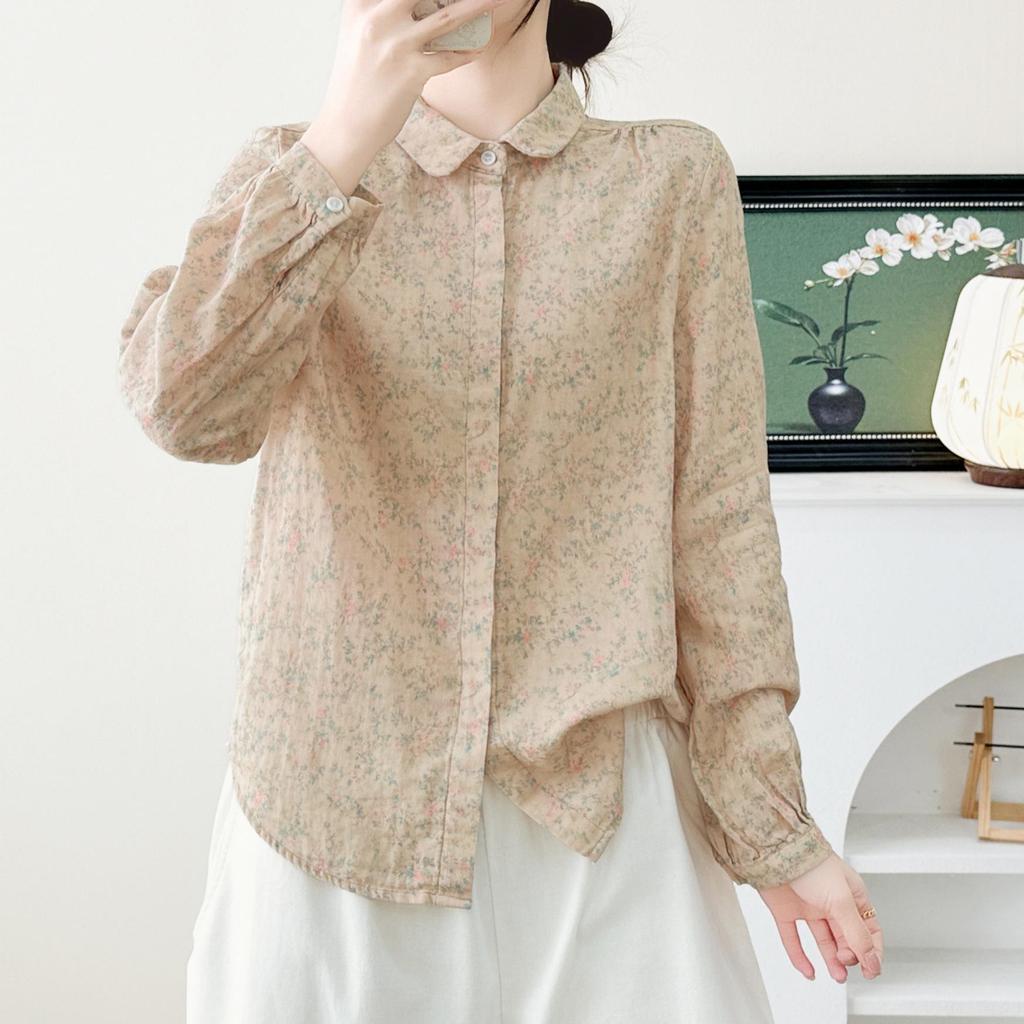 Stylish Blue Floral Double Layer Cotton Gauze Long Sleeve Women's Shirt - Spring 2026 Collection
