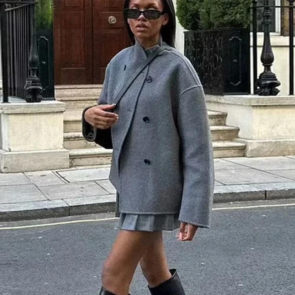 Autumn Winter Women Casual Solid Woolen Coat Fashion Office Lady Loose Double Breasted Turtleneck Demi-season Jacket