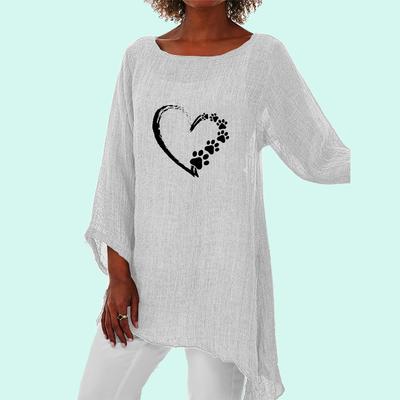 Dame Mode Bomuld Linned Løs Skjorte Forår&Sommer Hjerte 3/4 Langærmet Top Dame Casual Rund Hals Bluser