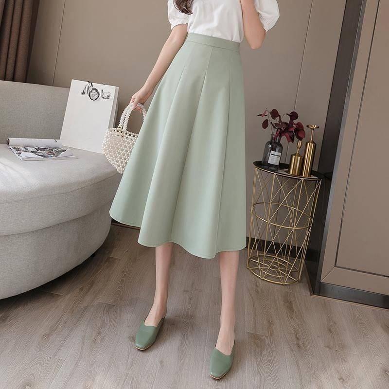 Mittellanger und langer Rock, Frühling und Sommer Damen High Waist und Dünner A-Linien Faltenrock Hüftrock High Waist Uni A-Linie Midirock