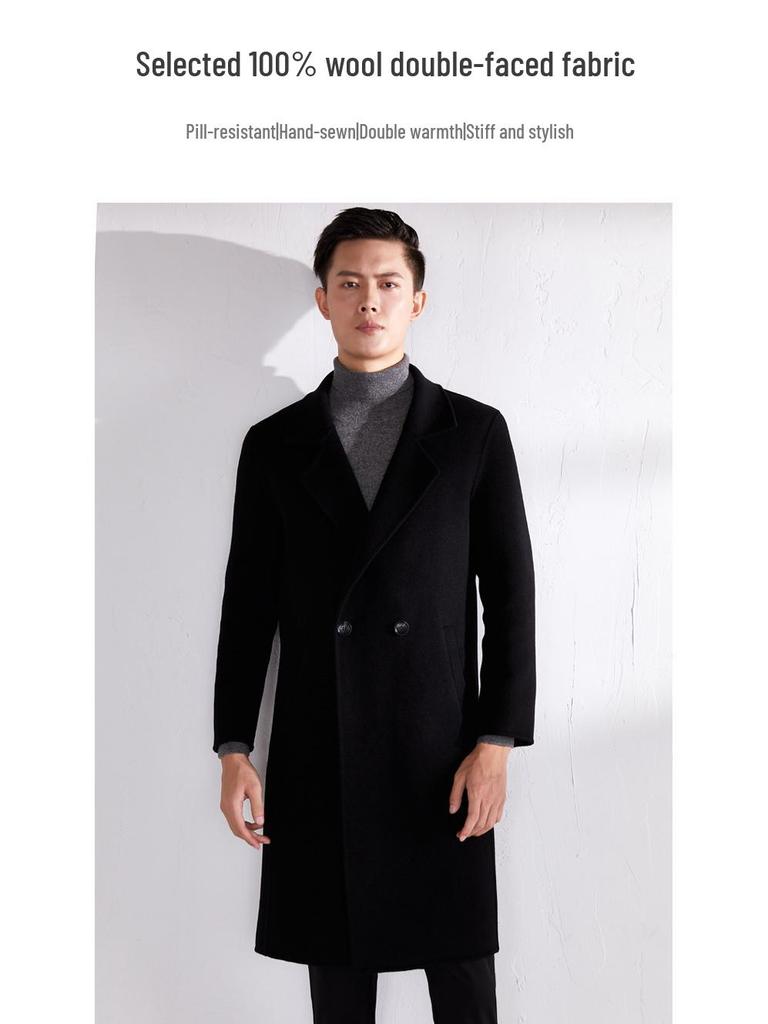 Men's Mid-Length Double-Faced Wool Cashmere Overcoat with Suit Collar
