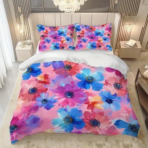 Bright Colorful Floral Pattern Duvet Cover Queen Size Colorful Floral Bedding Set For Home Decor Room Decoration 3 Piece Set