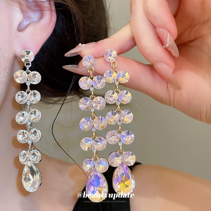 Silver Needle Rhinestone Water Drop Tassel Earrings - Geometric, Luxurious, and Exquisite Statement Accessories.