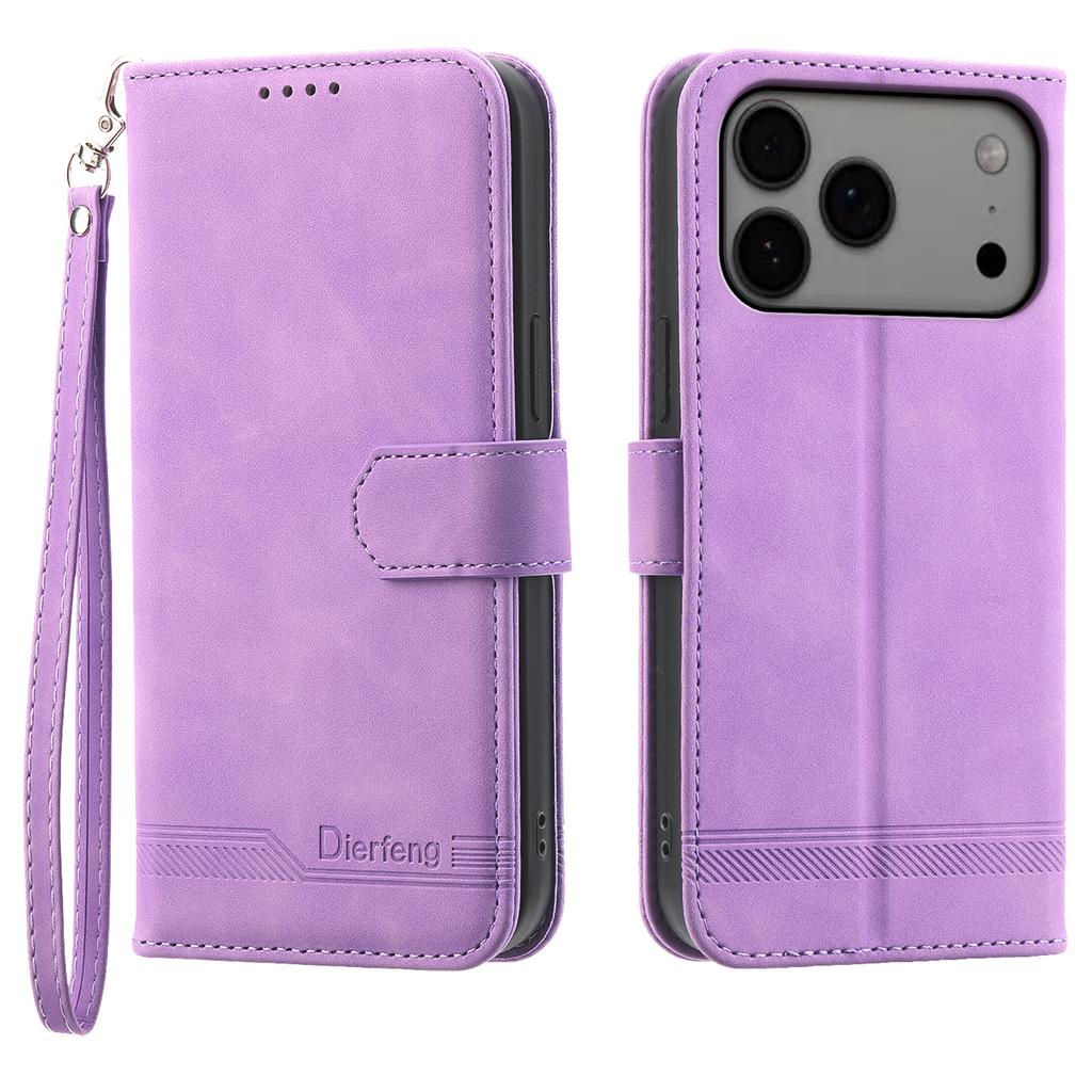 DIERFENG DF-03 Pro iPhone 17 Pro Max Pouzdro Vroubkovaný Vzor Peněženka Kožený Kryt na Telefon s Poutkem na Zápěstí