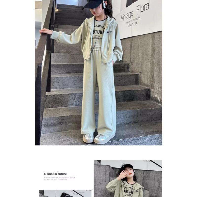Girls Casual Hooded Sweatshirt And Pants Two Piece Sports Outfit For Big Kids