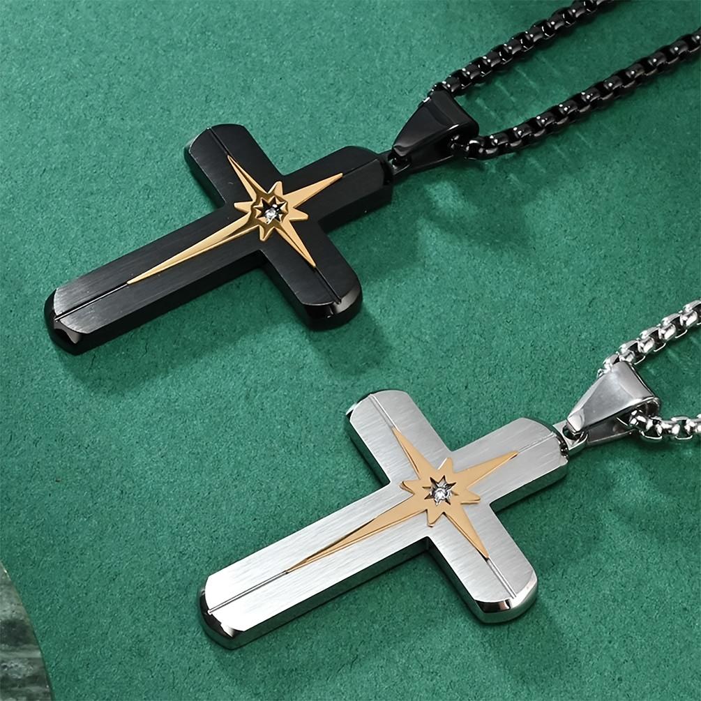 Hip-Hop Style - Dual-Tone Stainless Steel Cross Pendant with Eight-Point Star & Cubic Zirconia Accent - Minimalist Men S Jewelry