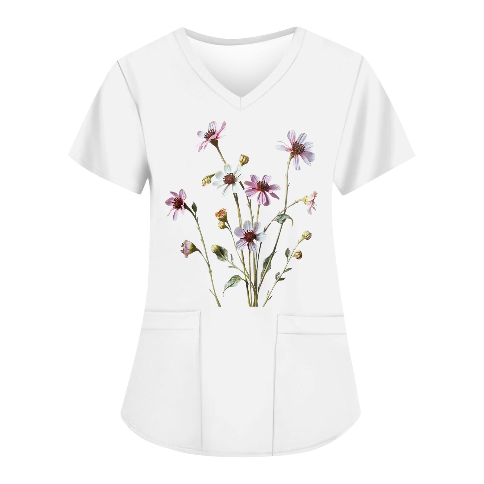 

Жіночі модні робочі футболки з принтом і V-подібним вирізом з короткими рукавами та кишенями XXXXL білий