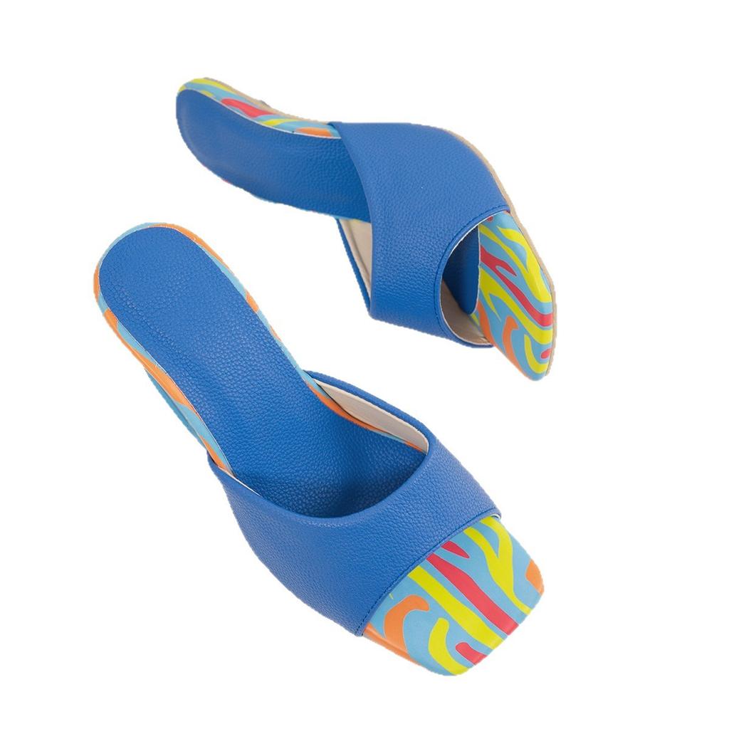 European and American Large Size Wear Large Size Shoes Thick Heel One-word Slippers Candy Color Elegant Temperament Medium Heel Cool Slippers