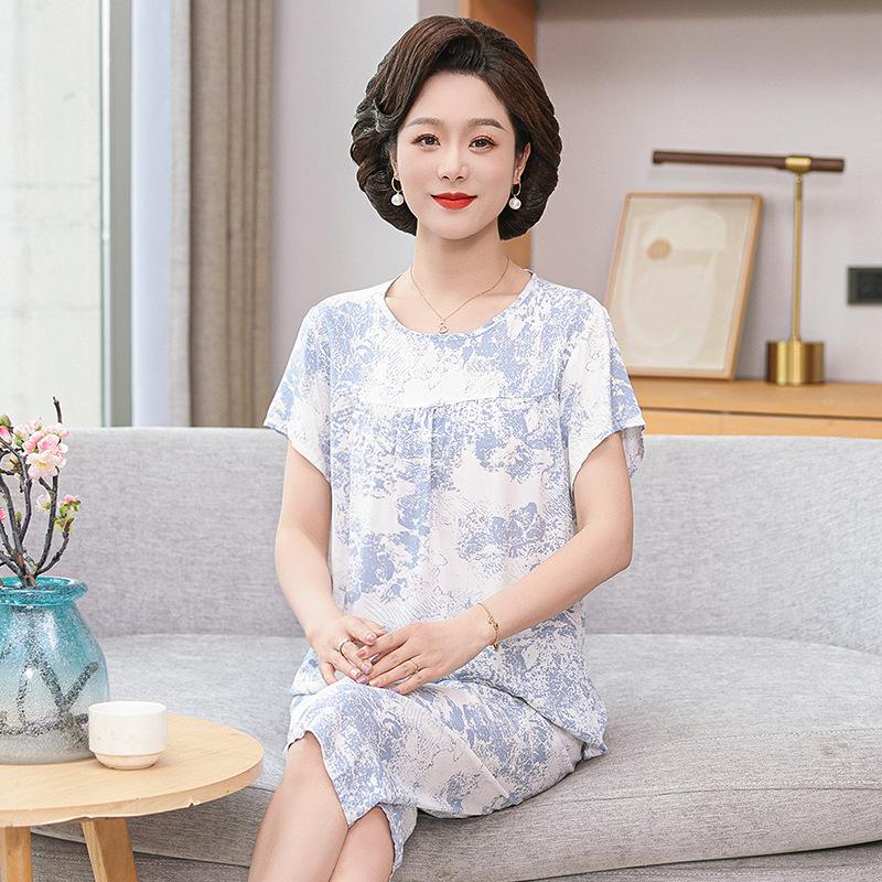 Pijamas de seda y algodón de verano para mujer: Conjunto holgado de dos piezas de manga corta para personas de mediana edad y mayores, talla grande, ideal para exteriores.