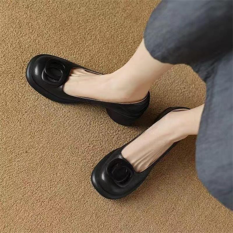 

Spring round buckle thick heel small leather shoes women s high heel waterproof table brown retro lazy single shoes casual versatile 35 чёрный